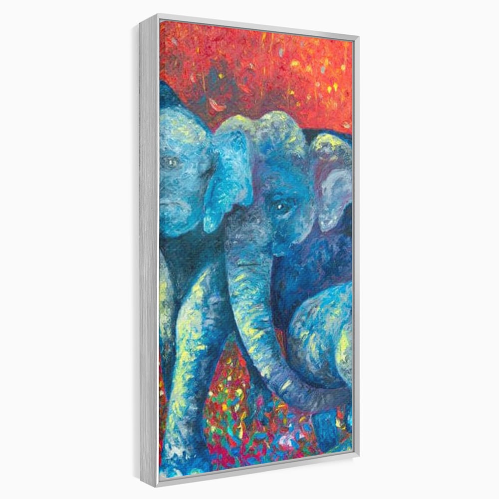 Tablou canvas cu tablou canvas cu elefanti expresionisti, in rama de aluminiu argintiu